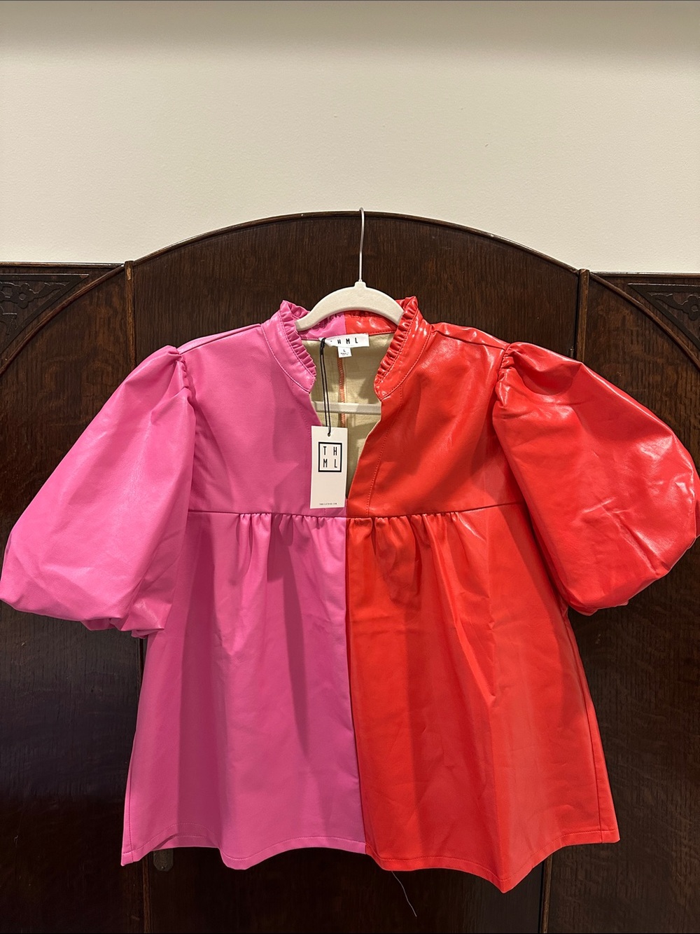 THML Pink and Red Colorblock Puff Sleeve Blouse